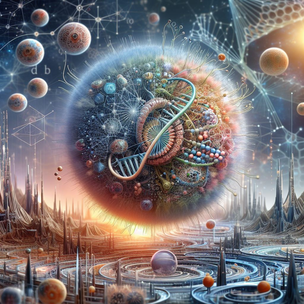 a colorful central cell with detailed organelles against a warmly lit blue sky with peaks, spires, spirals and orbs in the foreground