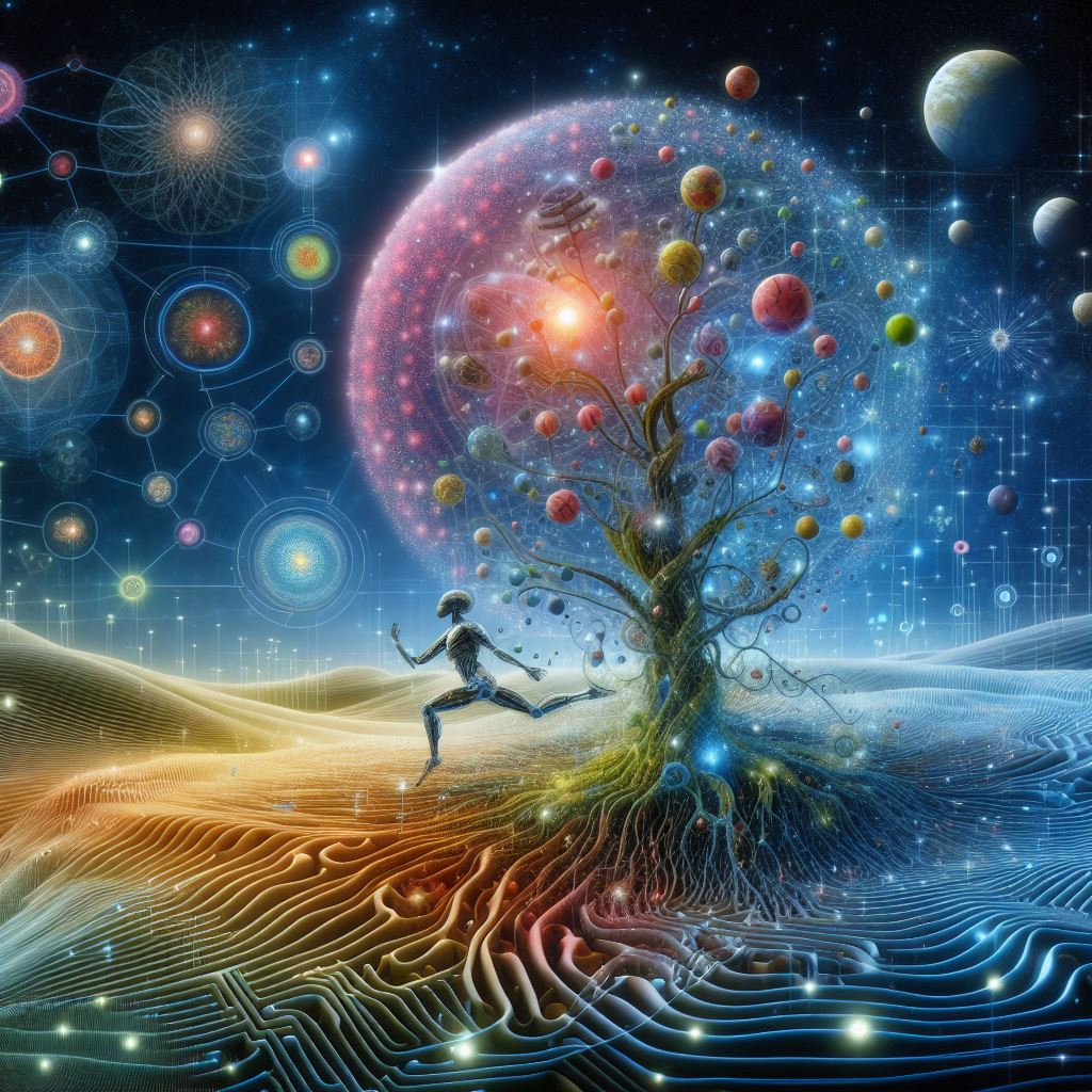 colorful luminous digital tree like a dandelion with a robotic figure running free and planets in the background sky