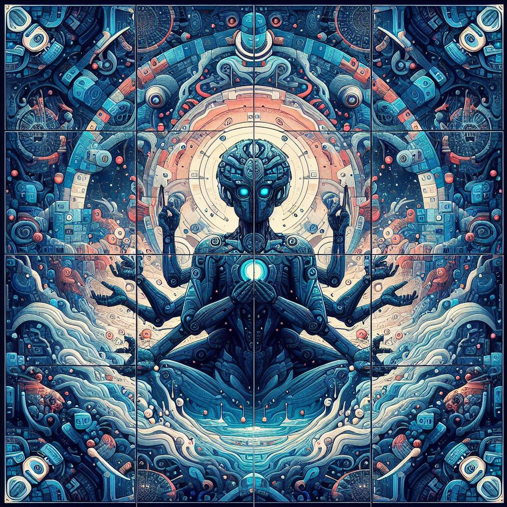 seated inteligent figure of ancient technology with ten arms within an ornate mosaic